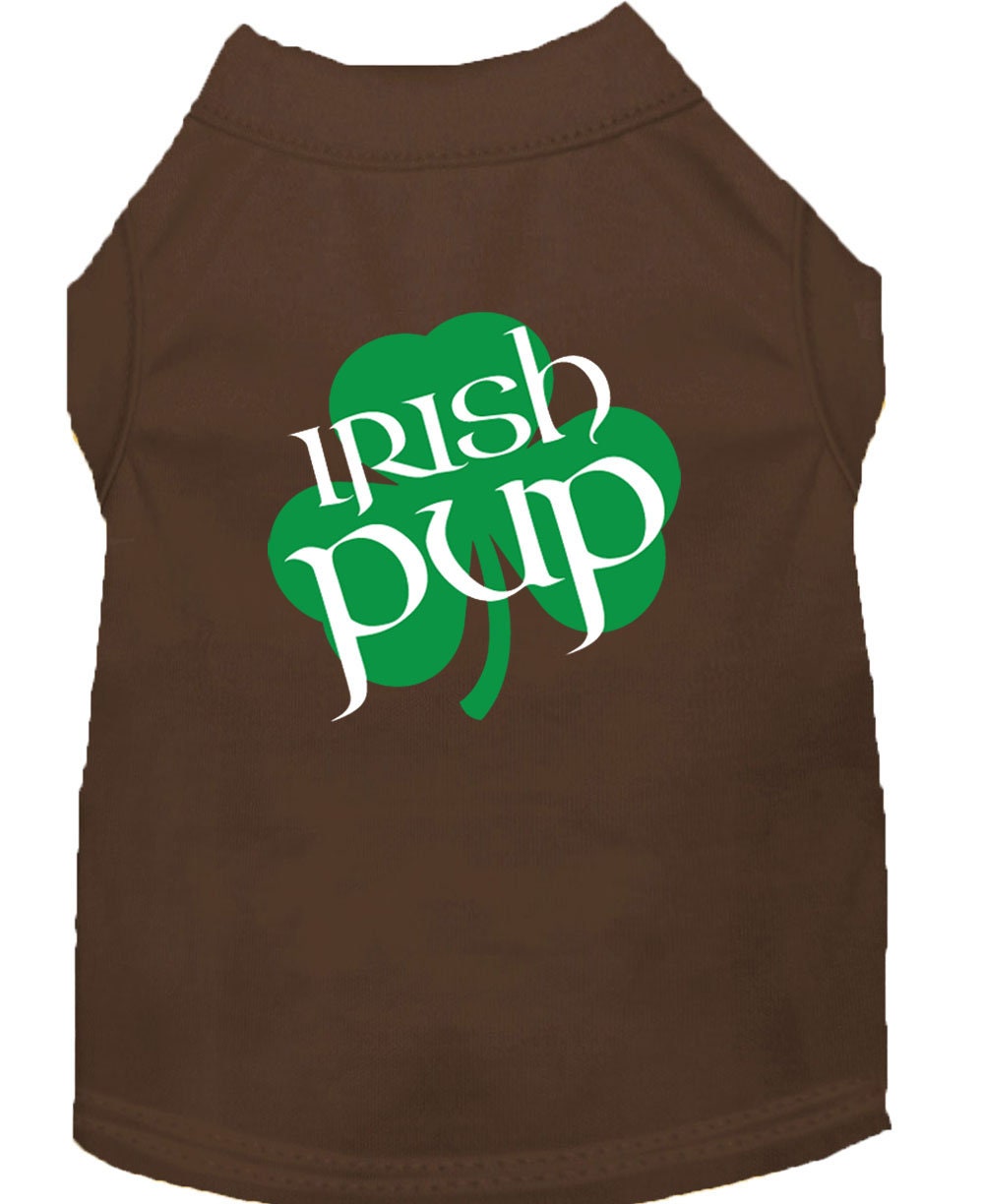Brown dog tank top with 'Irish Pup' text and green shamrock design on a white background