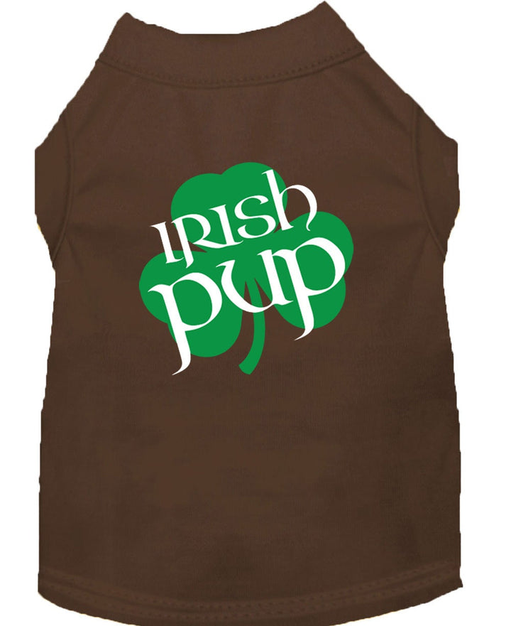 Brown dog tank top with 'Irish Pup' text and green shamrock design on a white background
