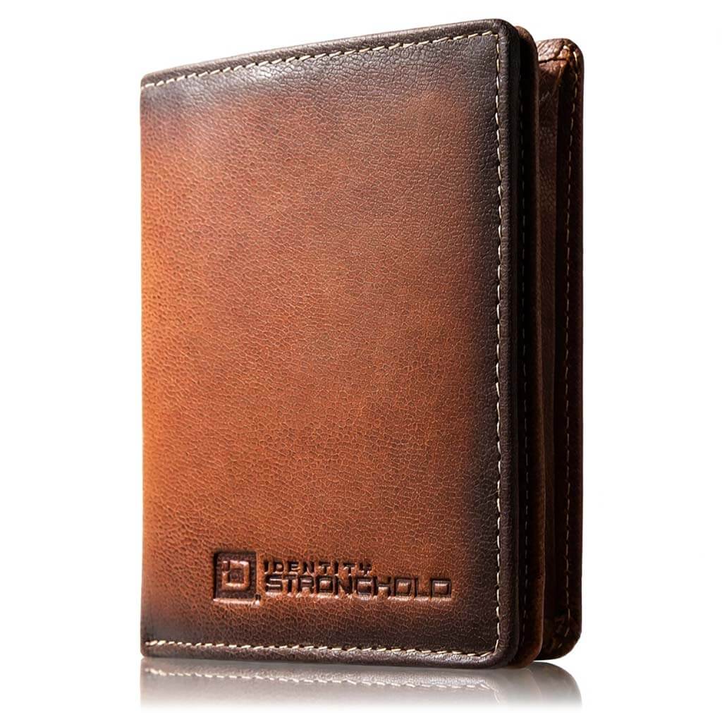 RFID bifold leather wallet with a sleek brown design, featuring a premium finish and minimalist profile.