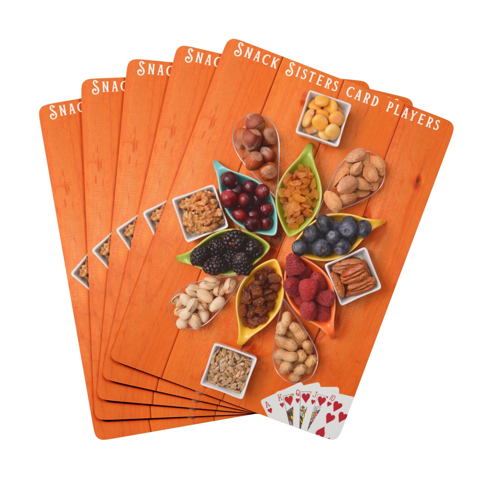 Set of 'Snack Sisters' card players with snacks and playing cards on an orange background