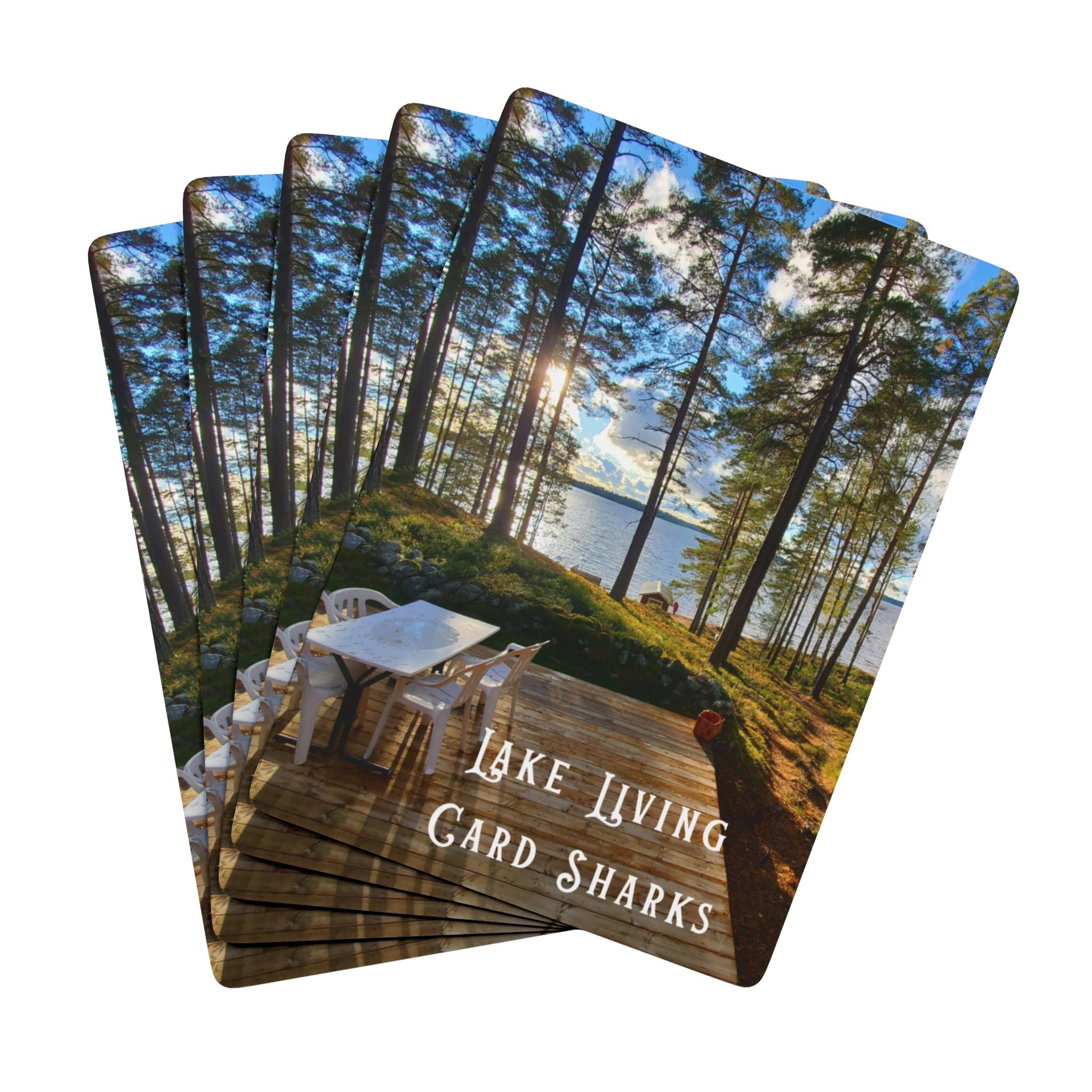 Set of card shark cards with a scenic design of a lake and trees.
