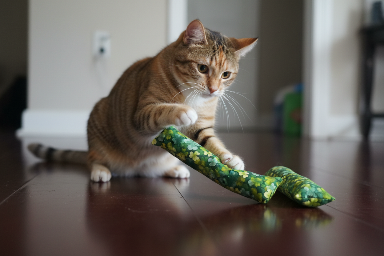 Cat playing with a green Durable St. Patrick's themed cat toy that gives back toy on a wooden floor.