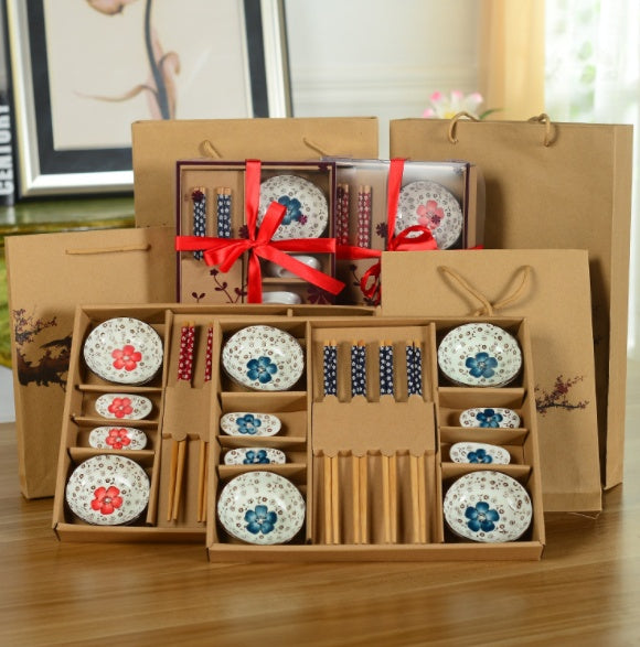 Ceramic chopstick and dish gift set packaged with red ribbon