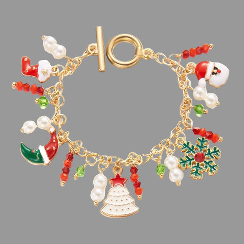 Gold bracelet with Christmas-themed charms of Stocking, Moon, Tree, Snowflake, Santa