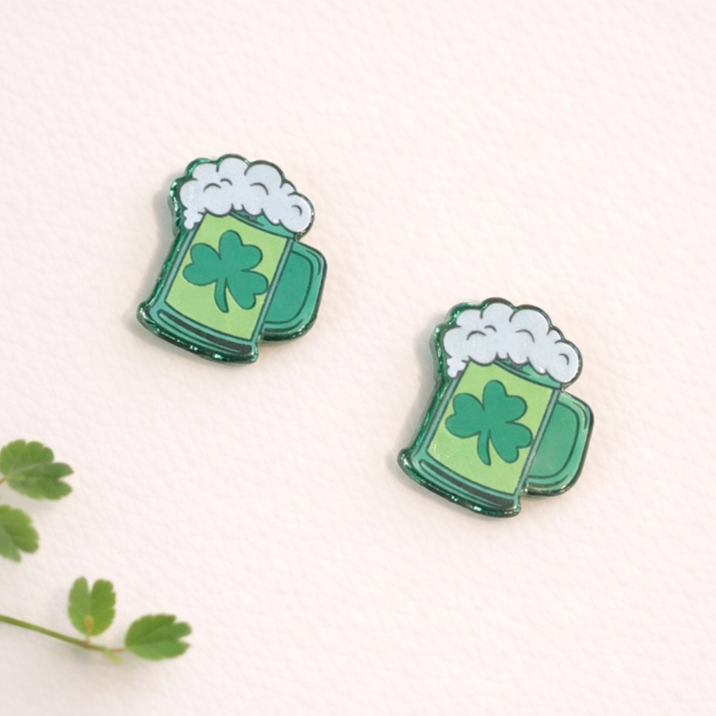 Earrings St Patrick’s Day green beer stein shamrock design