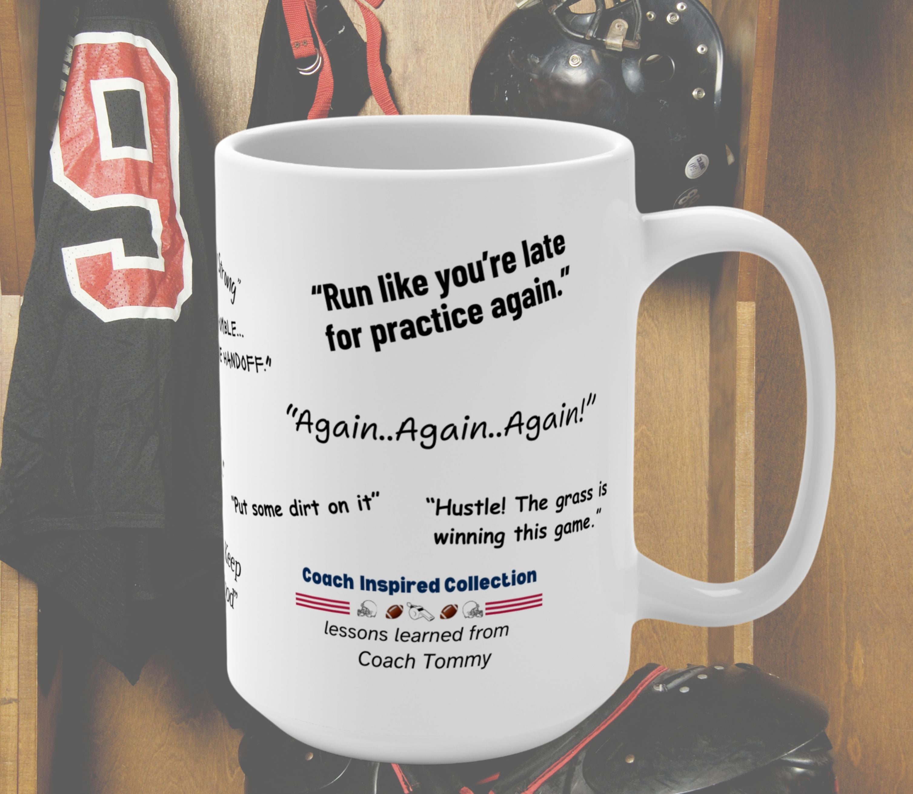 White mug with motivational quotes on a sports-themed background