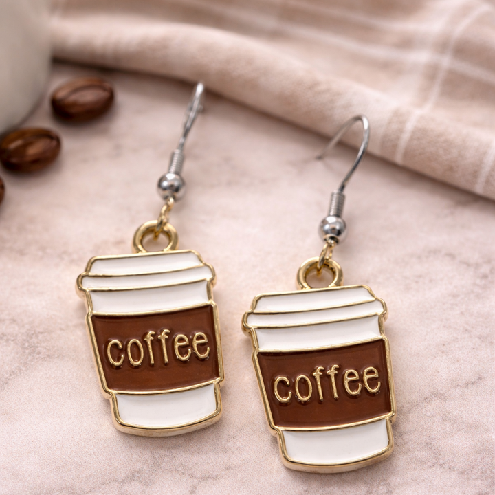 Coffee cup dangle earrings featuring brown and cream enamel cups, lightweight hypoallergenic jewelry by Sonya Lee.
