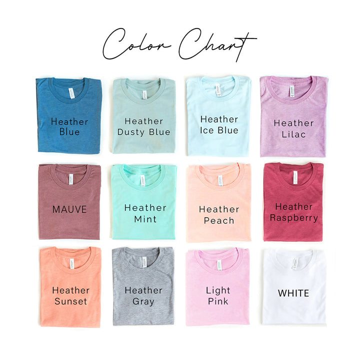Color chart showcasing various t-shirt colors including Heather Blue, Mauve, and White.