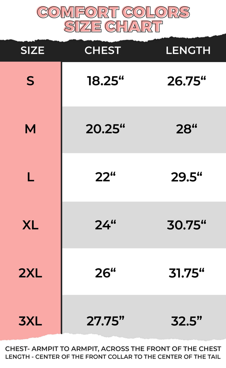 Size chart for comfort colors with chest and length measurements.