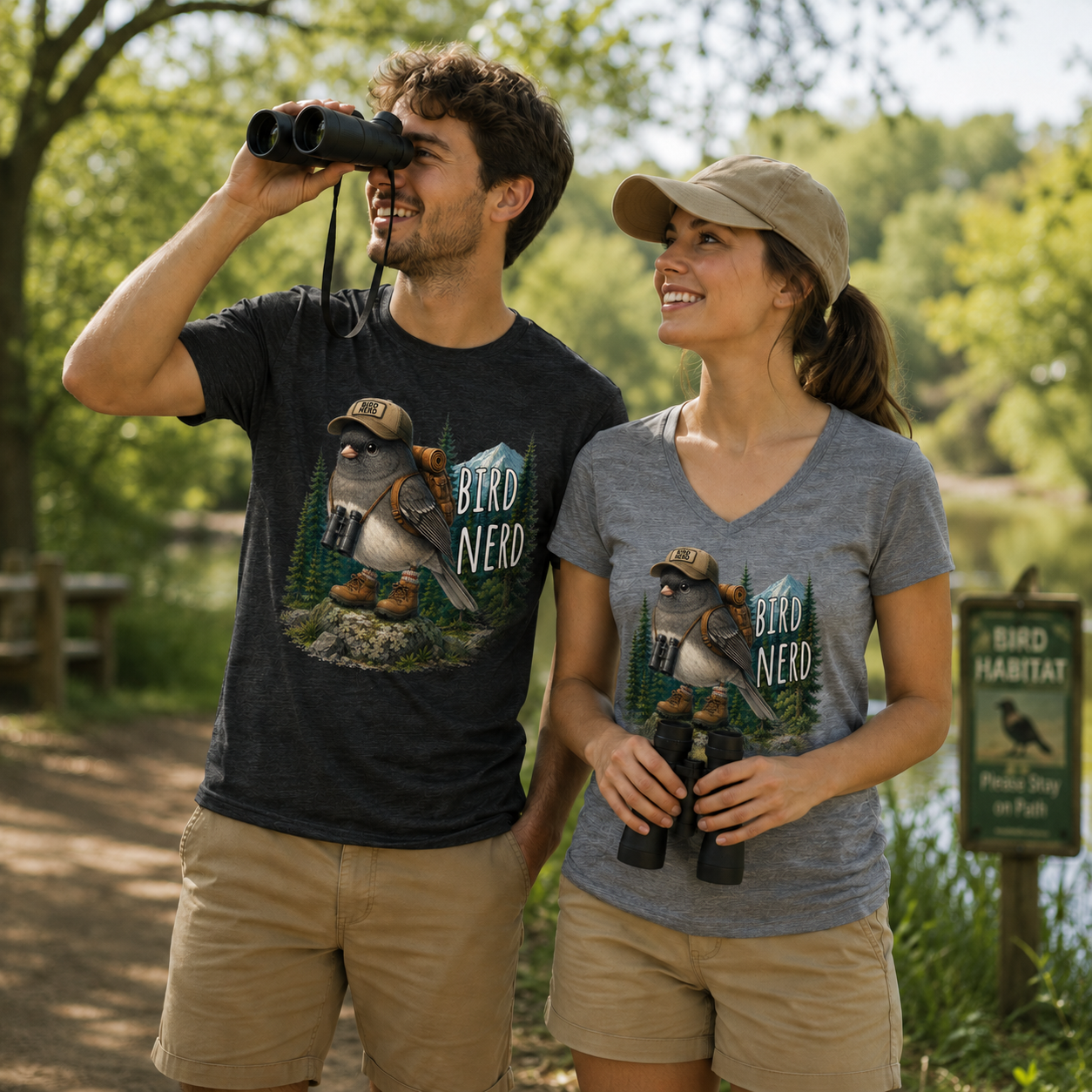 Bird lovers T-shirts featuring a couple birdwatching in nature, showcasing their love for birds.