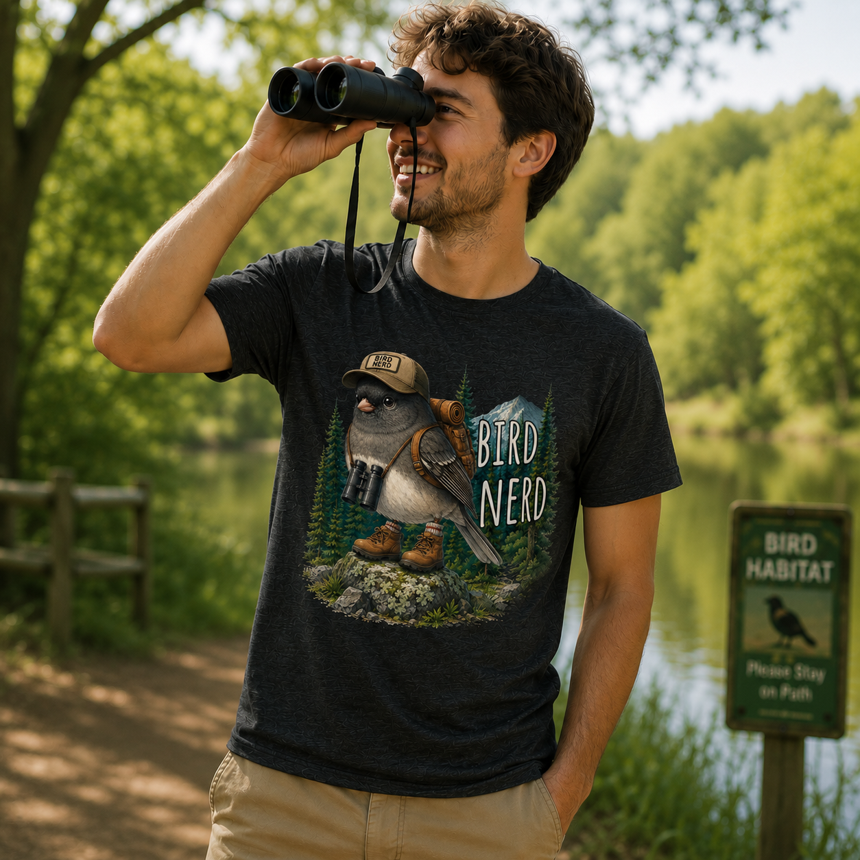 Man wearing a Bird Lovers T-shirts with a bird graphic, using binoculars in a natural setting.