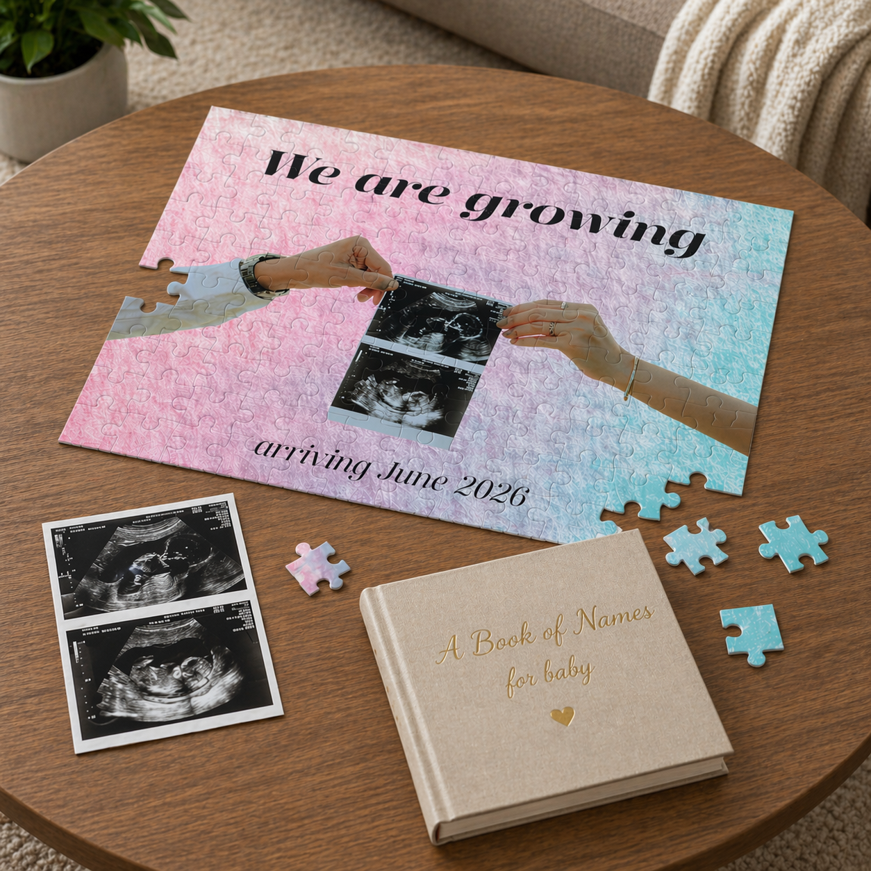 Baby announcement custom puzzle on wooden table with baby name book 