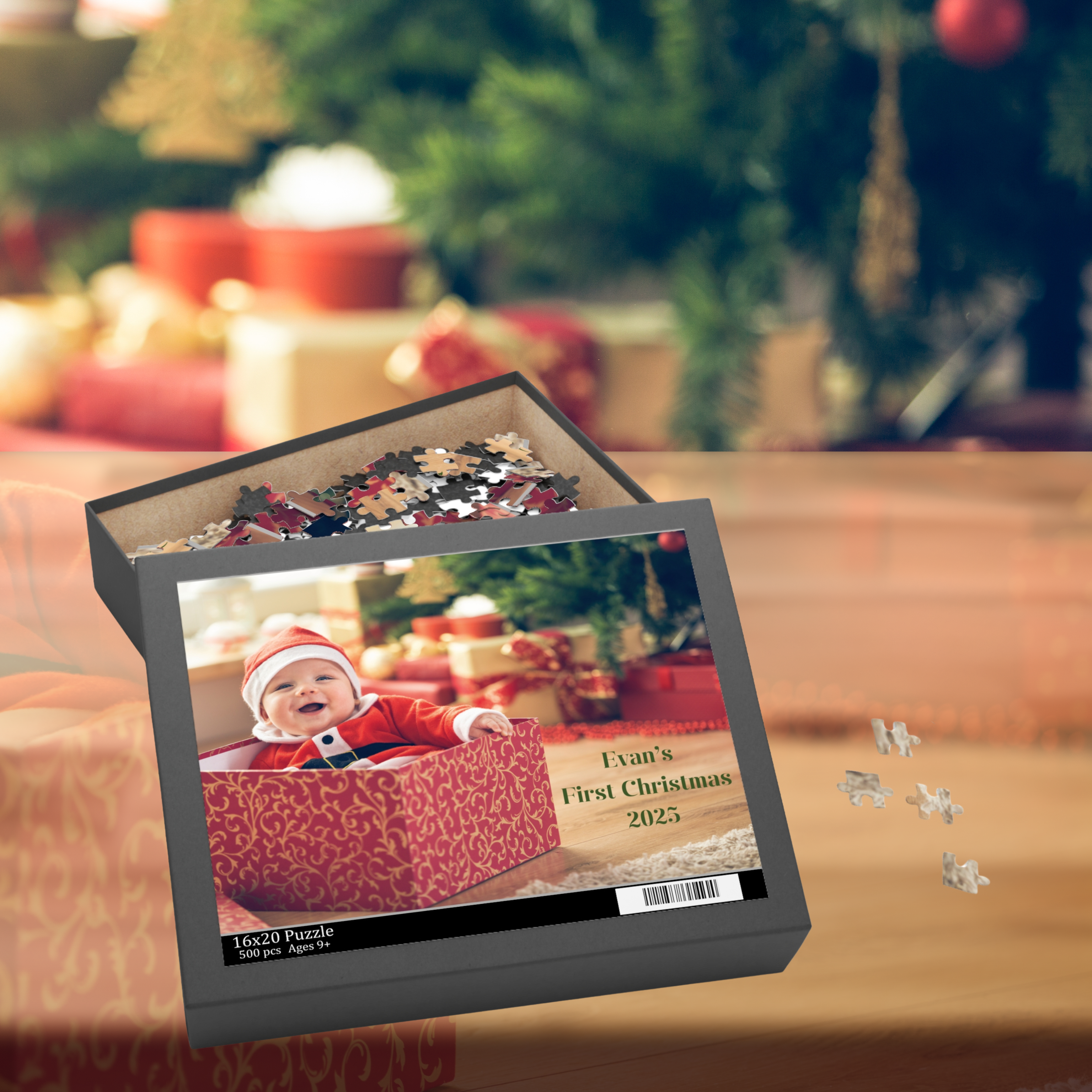Christmas-themed puzzle box with a baby's first Christmas design, surrounded by festive decorations.