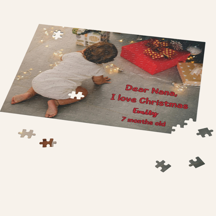 Personalized photo puzzle with a child and Christmas-themed text on a white background
