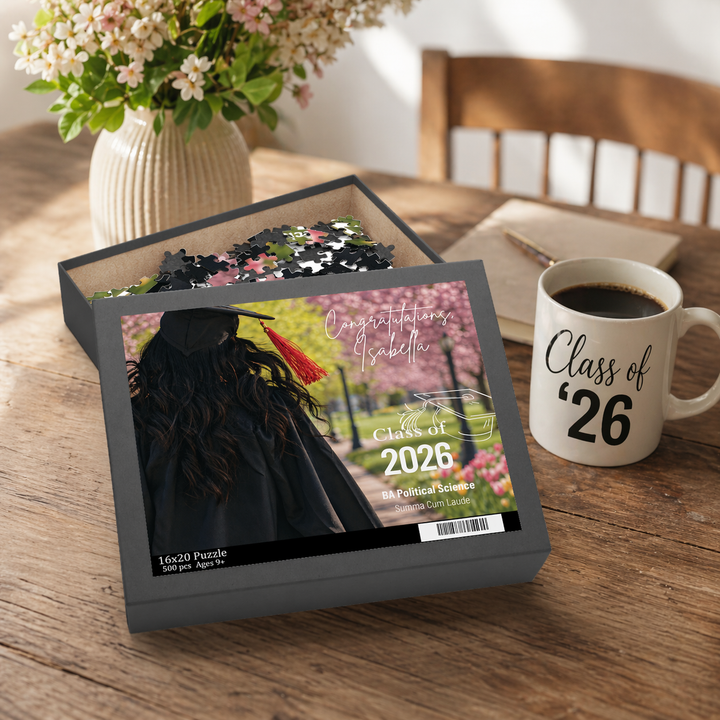 Custom photo puzzles showcasing a graduation theme, perfect for celebrating milestones.