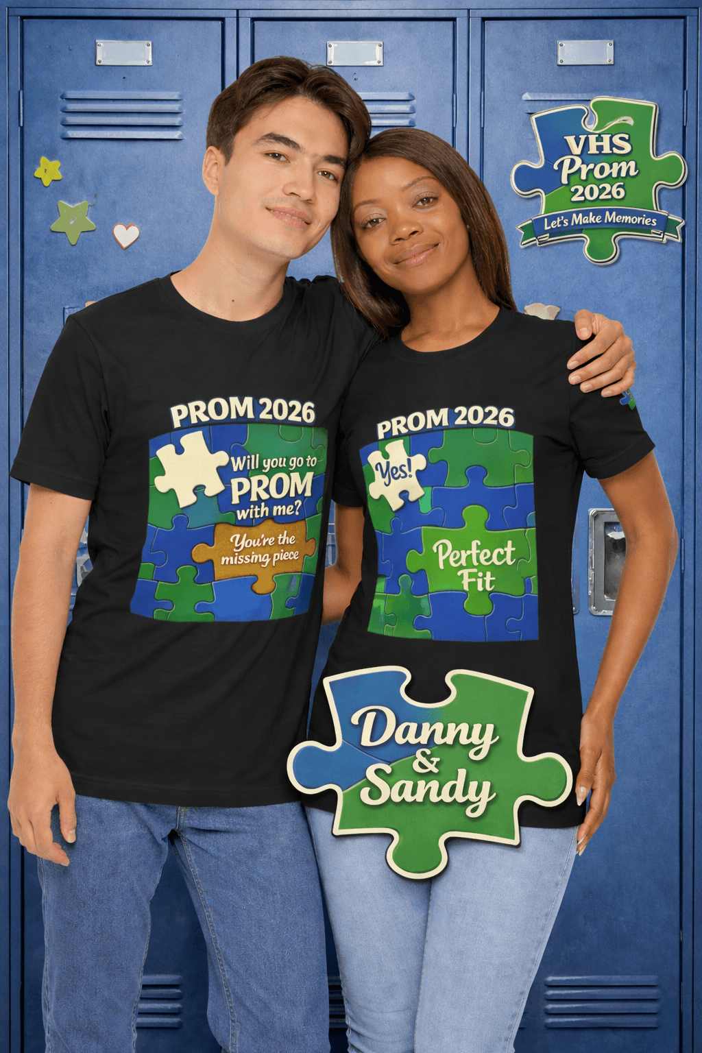Custom promposal t-shirt featuring two models wearing matching puzzle piece designs for prom 2026.