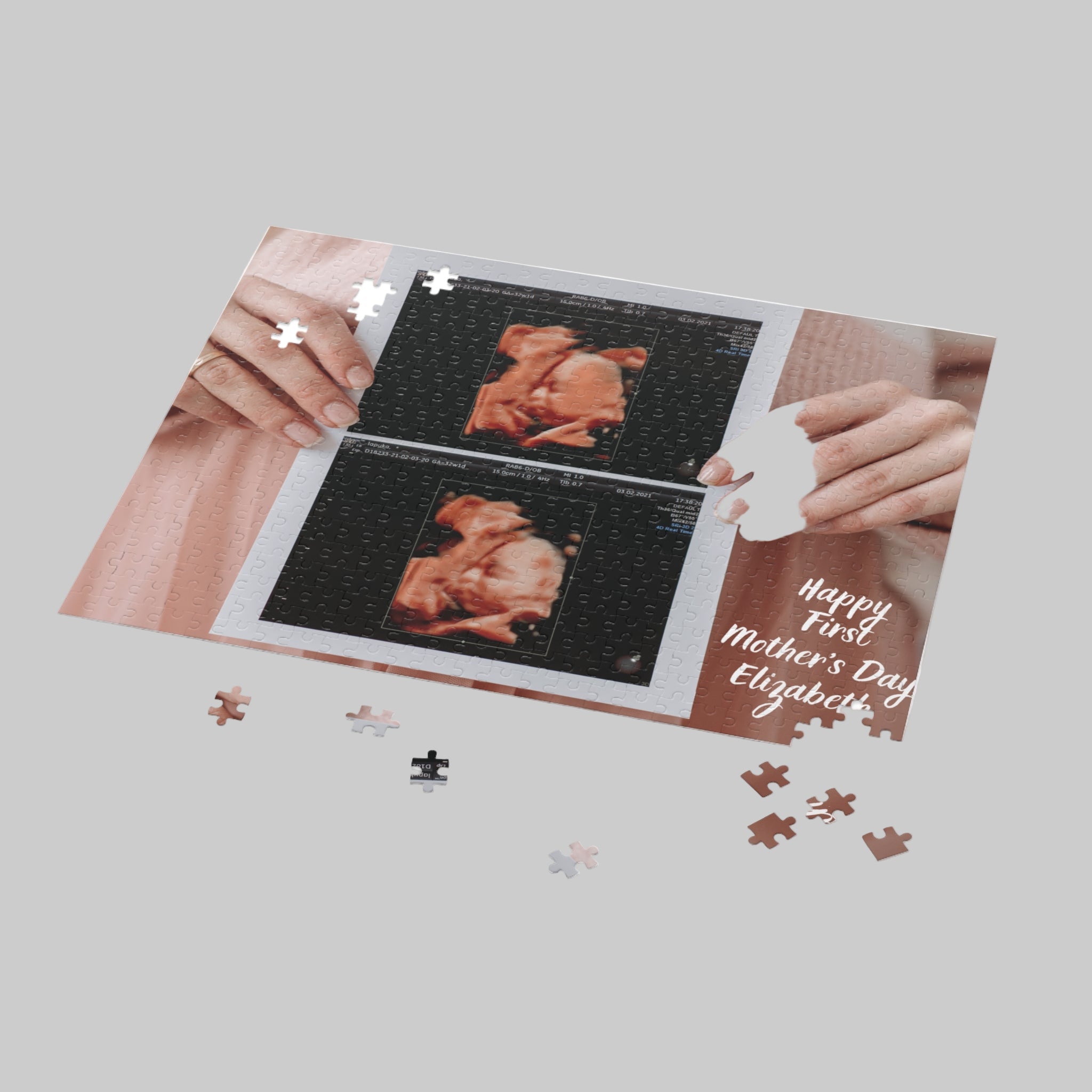 Customized jigsaw puzzle on the table showing a picture of an ultrasound