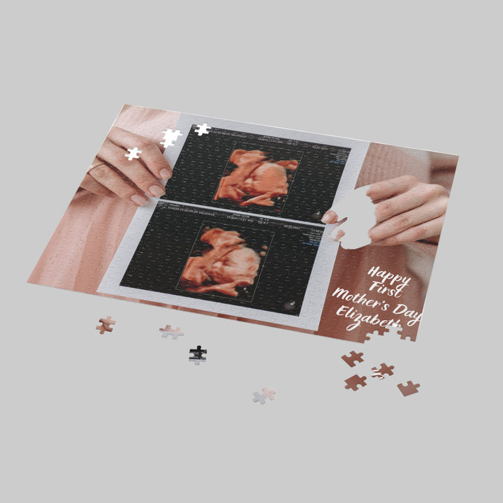 Customized jigsaw puzzle on the table showing a picture of an ultrasound