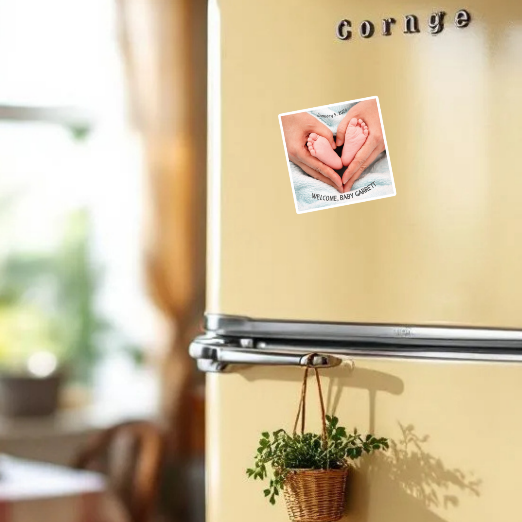 Beige refrigerator with a plant and baby announcement photo magnet in a kitchen setting