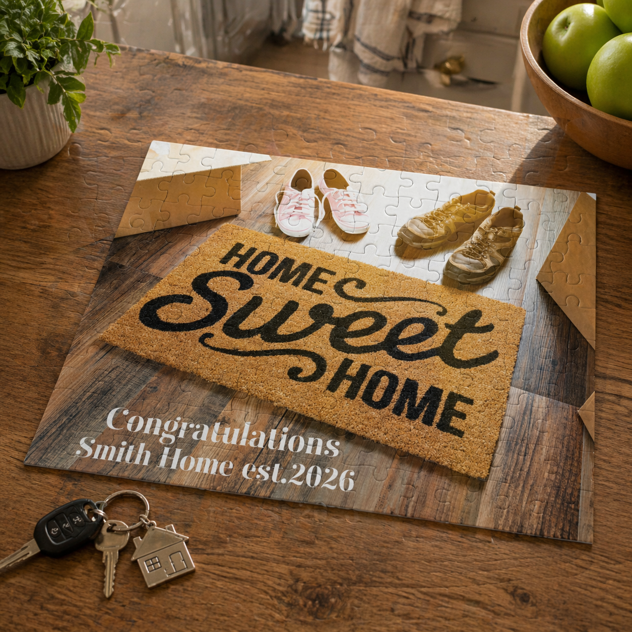 Custom photo puzzles featuring 'Home Sweet Home' design with shoes and keys on a wooden table.