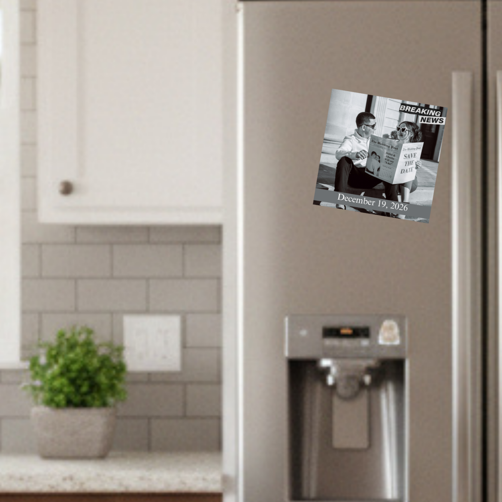 Fridge with a customized magnet in a kitchen