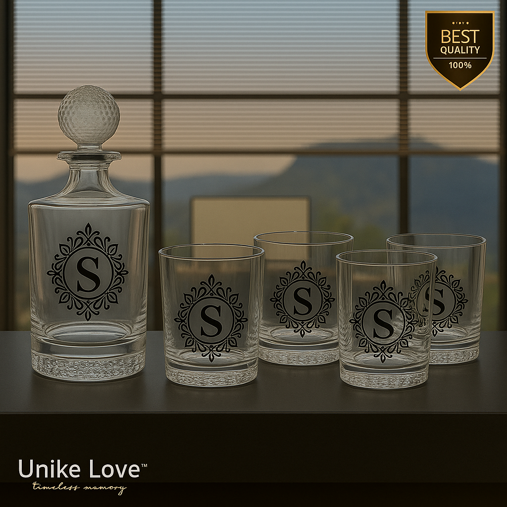 Personalized golf decanter set with round decanter and four textured rocks glasses featuring golf ball design.
