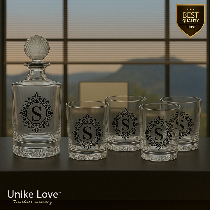 Personalized golf decanter set with round decanter and four textured rocks glasses featuring golf ball design.
