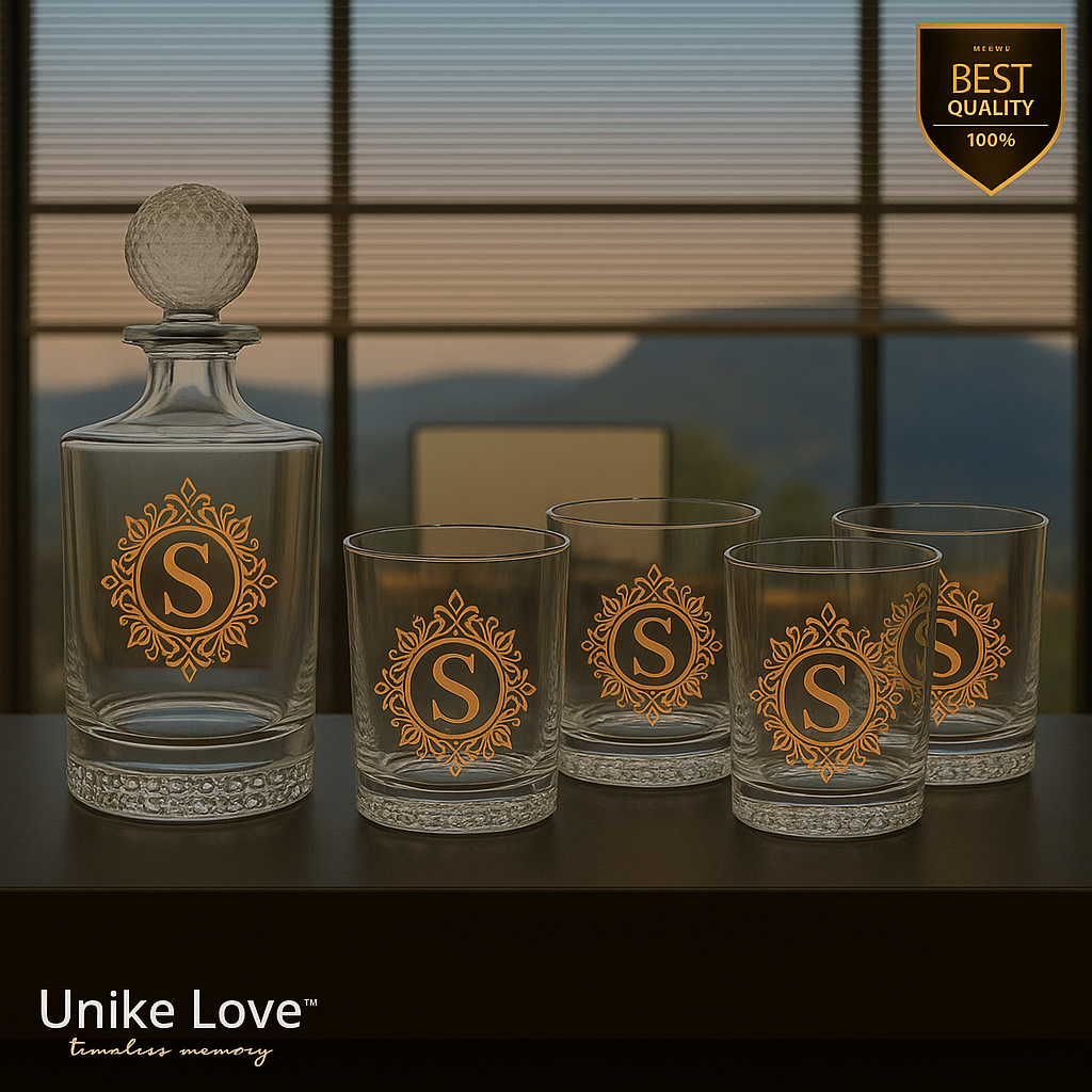 Personalized golf decanter set featuring a round glass decanter and four golf rocks glasses with a dimpled design.