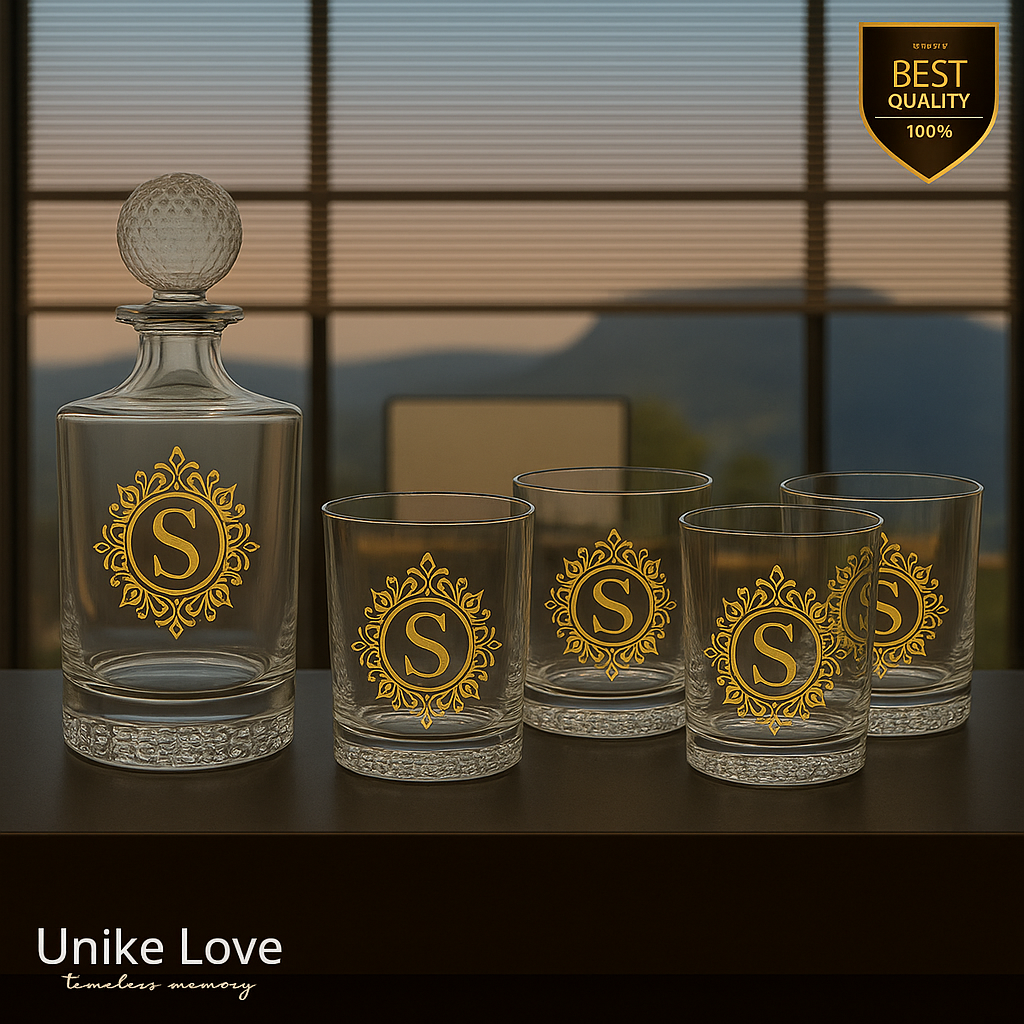 Personalized golf decanter set featuring round glass decanter and four golf rocks glasses with textured design.