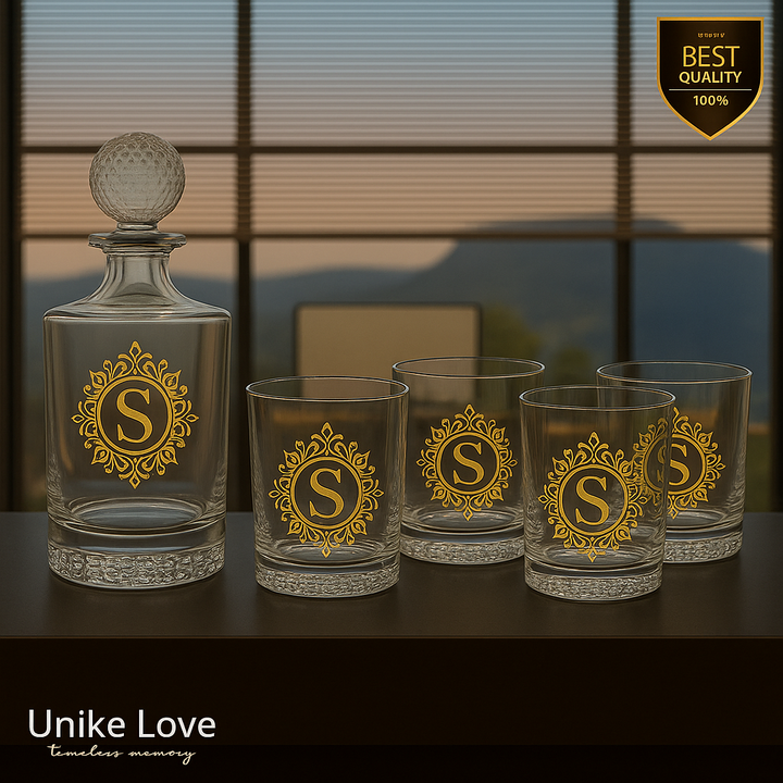 Personalized golf decanter set featuring round glass decanter and four golf rocks glasses with textured design.