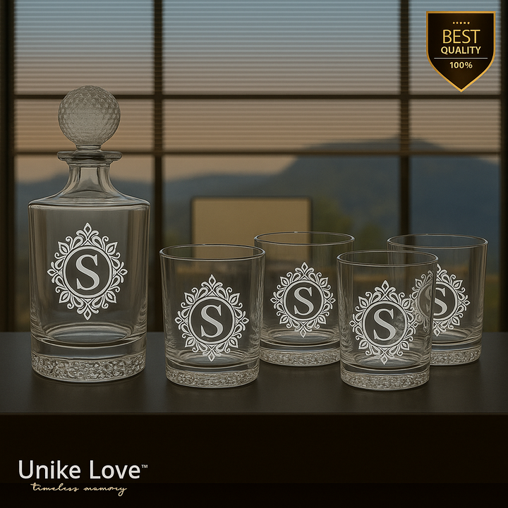 Personalized golf decanter set featuring a round decanter and four matching rocks glasses with golf ball design.