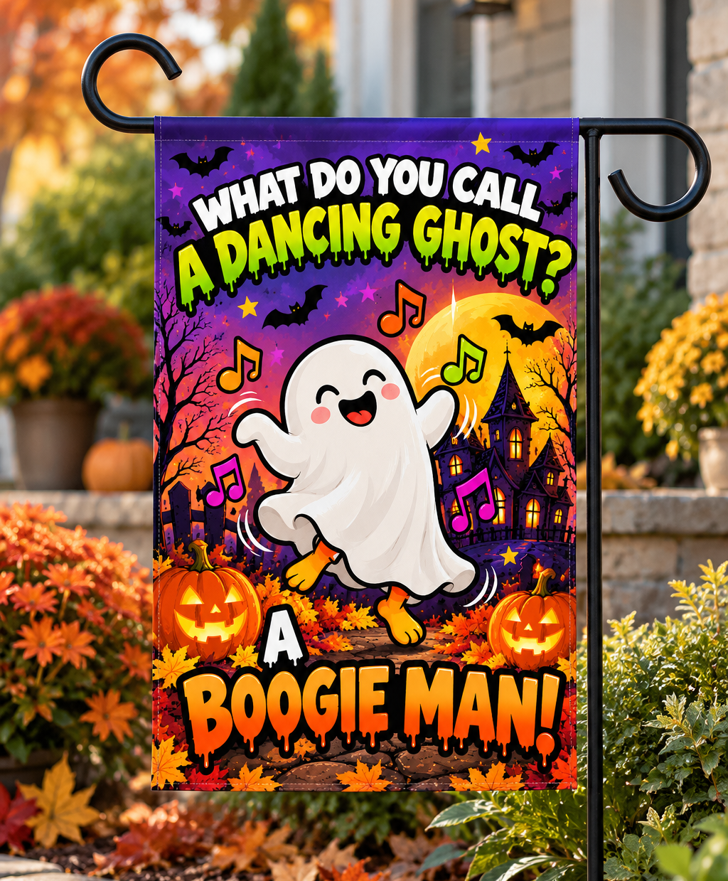 Funny Halloween Garden flag featuring a dancing ghost, pumpkins, and the dad joke “What do you call a dancing ghost? A boogie man!