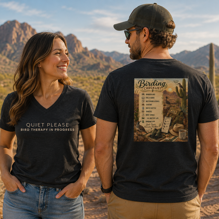 Regional birding t-shirt featuring a Southwest Desert checklist design inspired by birdwatching adventures and everyday moments.