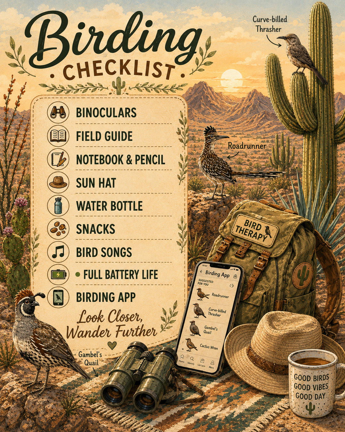 Birding checklist with desert scene, binoculars, field guide, and backpack.