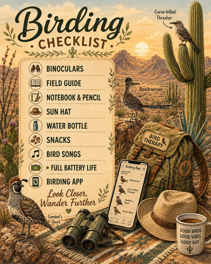 Birding checklist with desert scene, binoculars, field guide, and backpack.