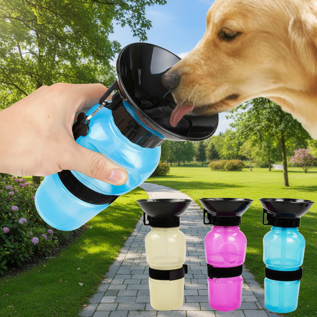Dog drinking from portable squeeze water bottle outdoors