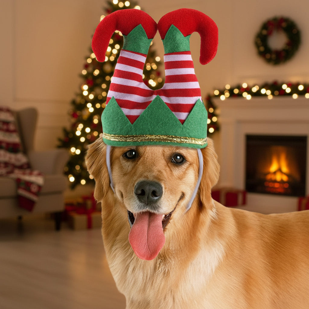Dog wearing funny striped elf Christmas hat with jingle bells by fireplace