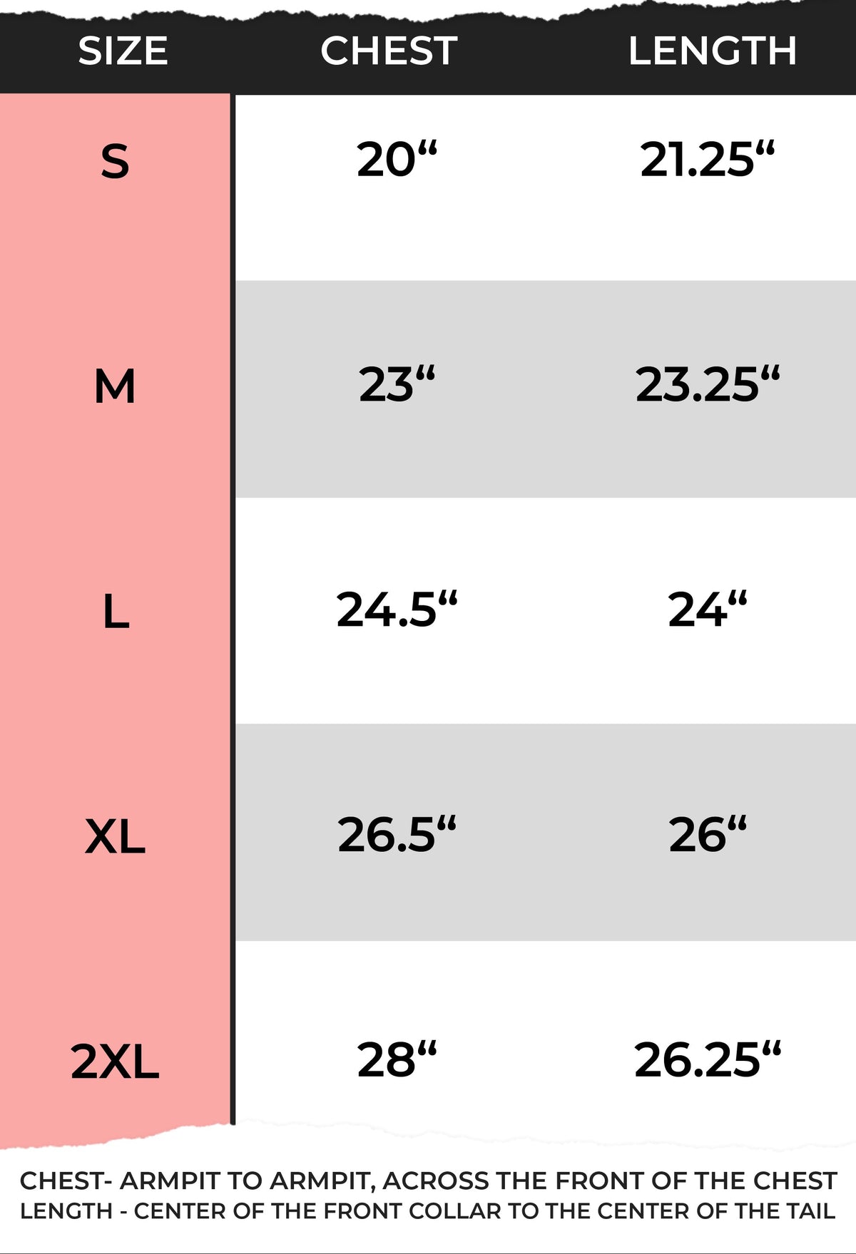 Fall sweatshirt sizing chart table showing sizes S through 2XL with chest and length measurements.
