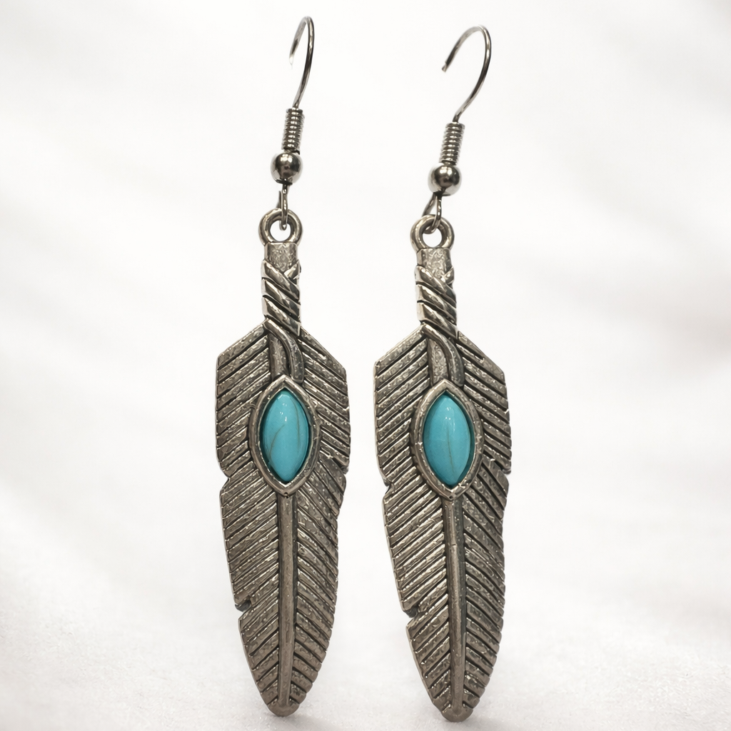 Feather-shaped earrings with turquoise stones on a white background