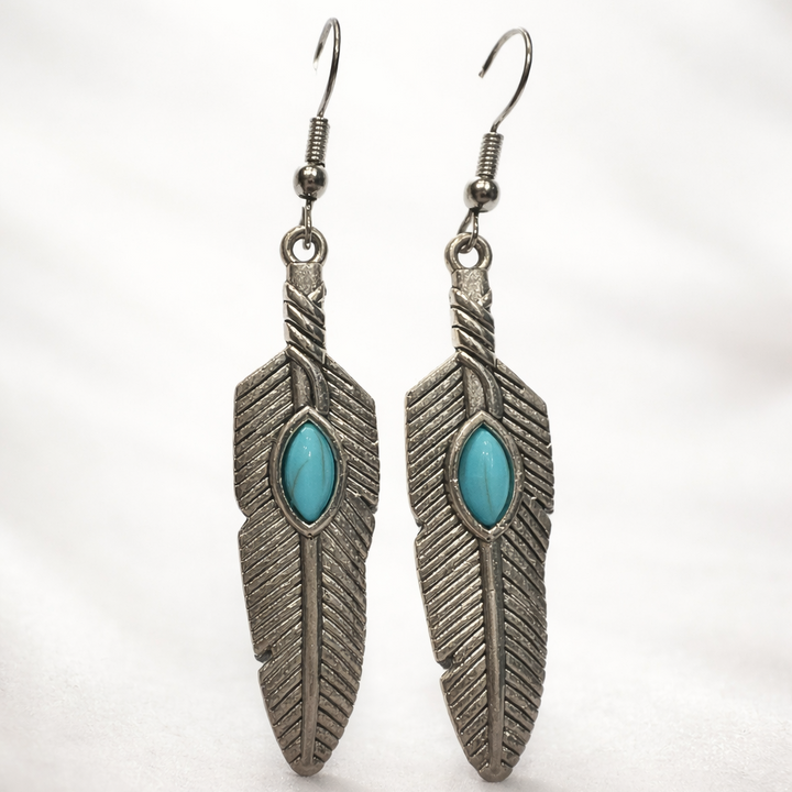 Feather-shaped earrings with turquoise stones on a white background