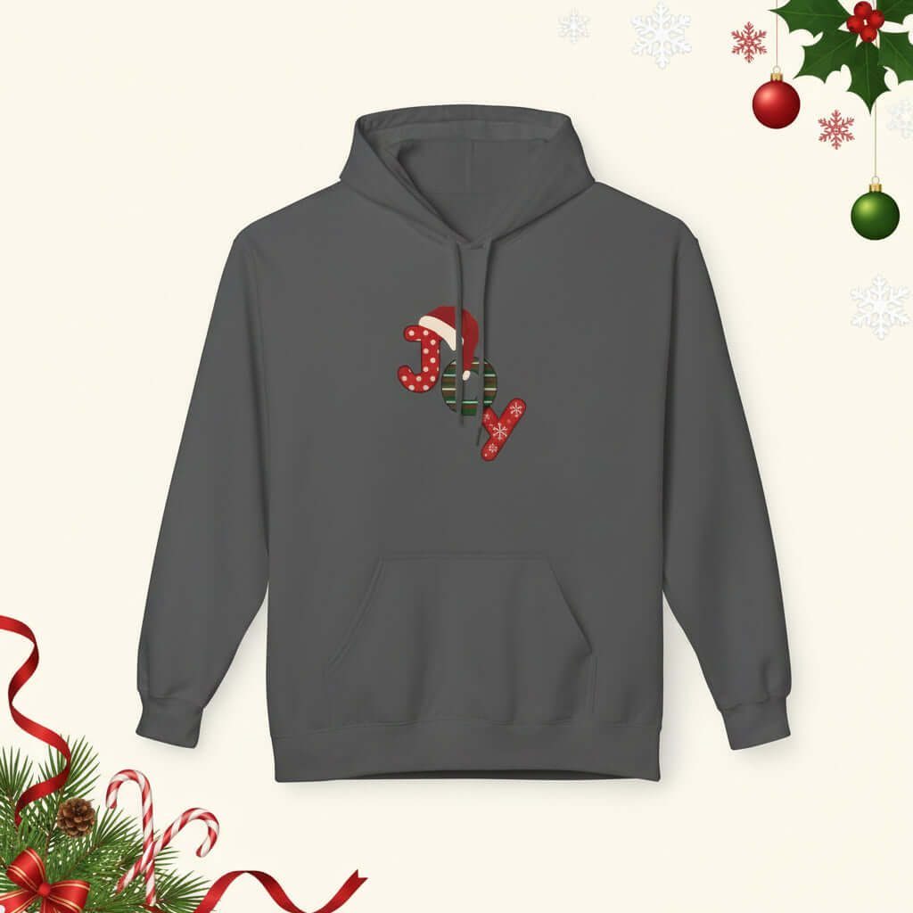 Dark gray hoodie with Christmas-themed "JOY" design on a holiday background