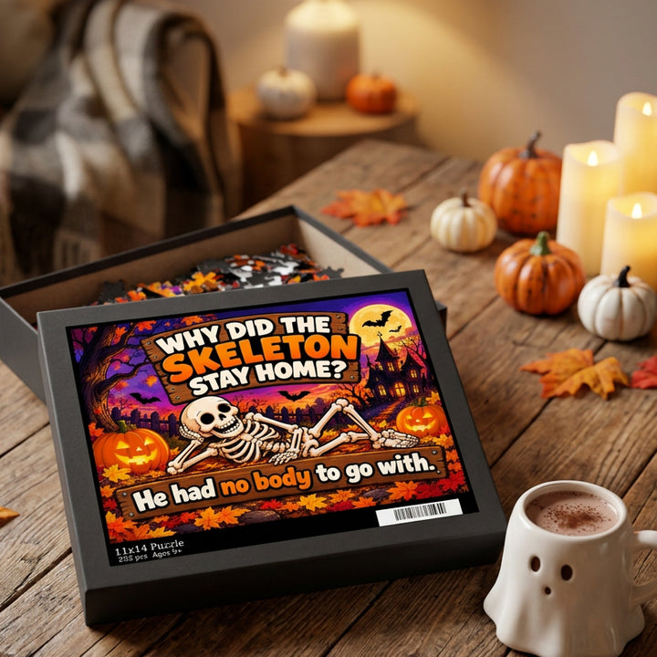Funny Halloween skeleton jigsaw puzzle featuring the dad joke “Why did the skeleton stay home? He had no body to go with,” styled with pumpkins and candles