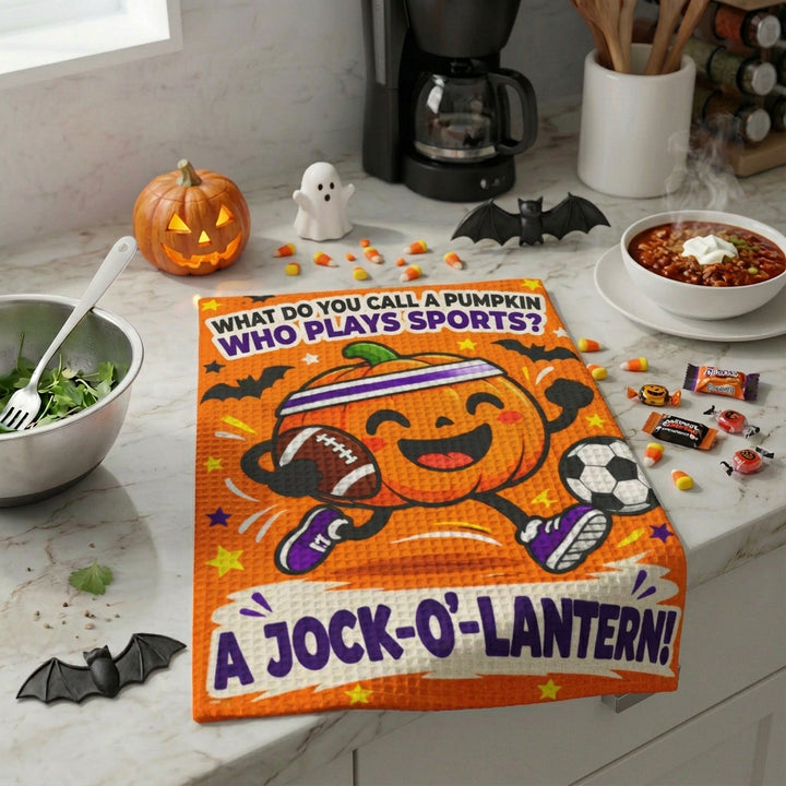 Funny Halloween kitchen towel featuring a pumpkin playing sports with the dad joke “What do you call a pumpkin who plays sports? A Jock-O'-Lantern!”
