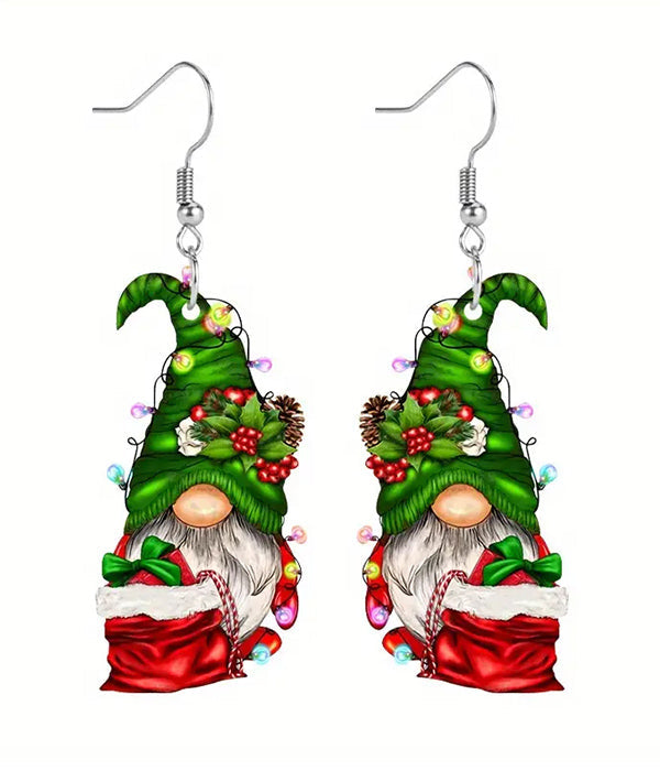 Christmas-themed gnome earrings with green hats and red outfits on a white background