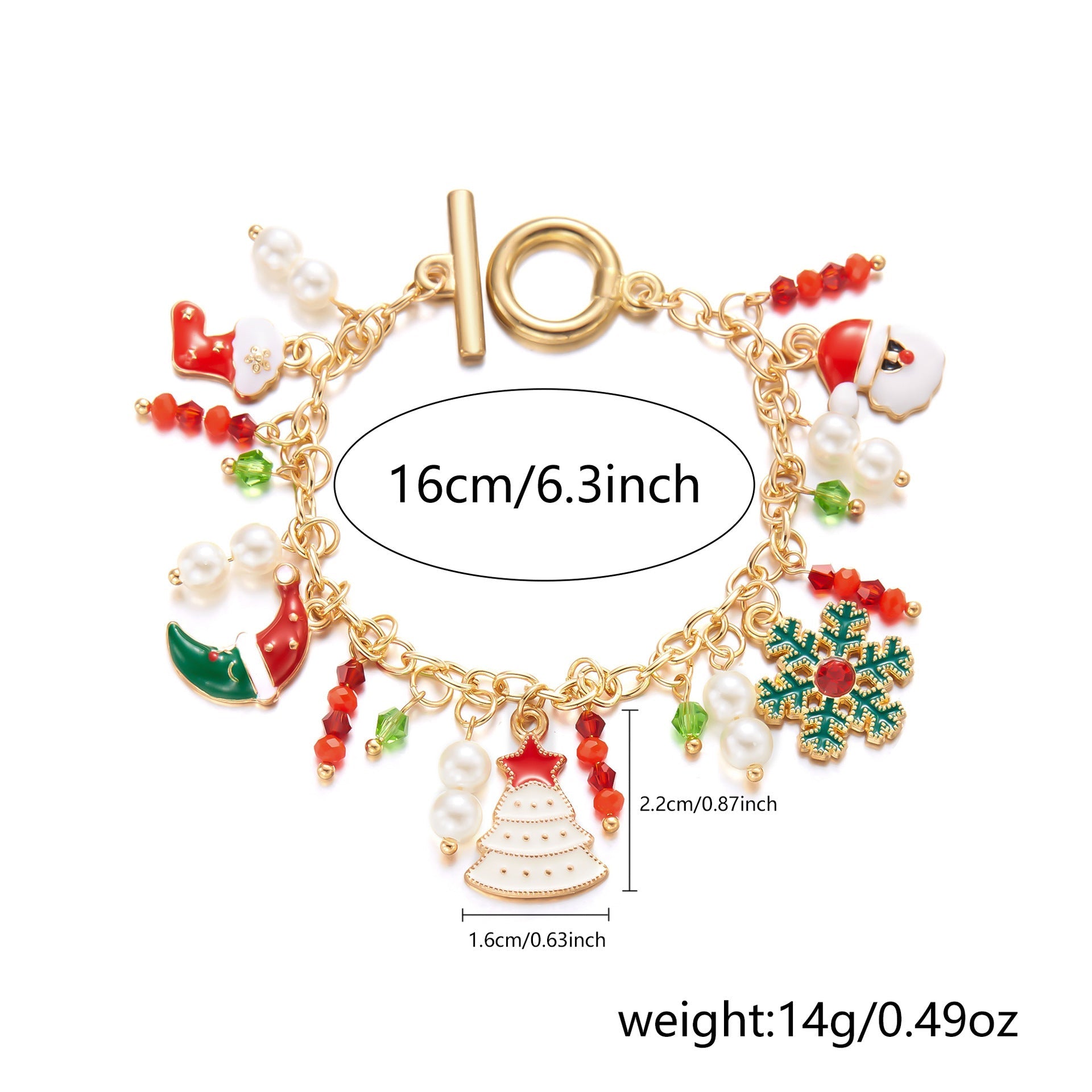 Gold Christmas charm bracelet with Santa, snowflake, and Christmas tree pendants showing size and measurements"