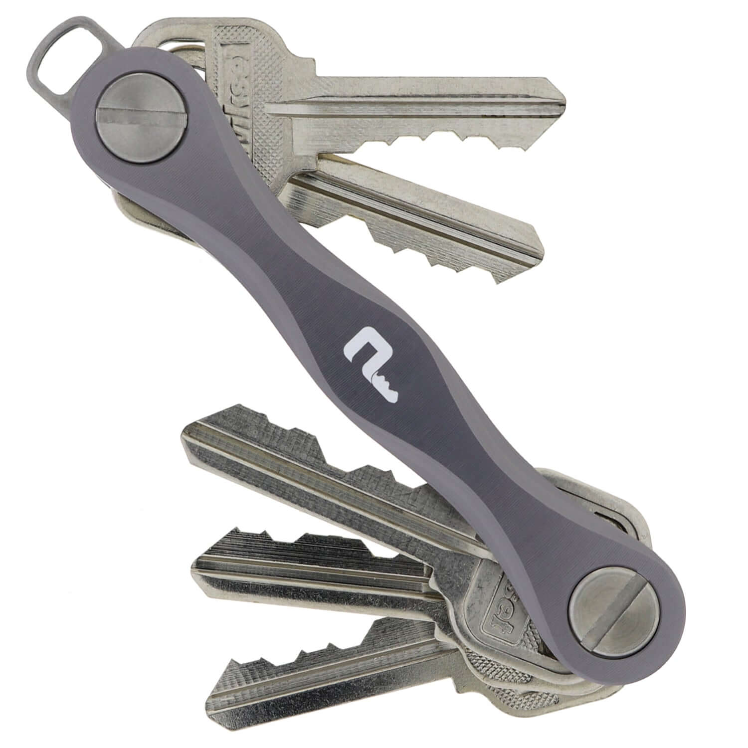 Gray PocketPro Edge slim aluminum key organizer holding multiple keys in compact quiet pocket-friendly design