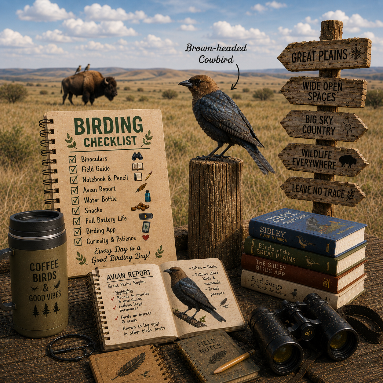 Birding-themed items including a checklist, books, and binoculars on a wooden surface with a scenic background.