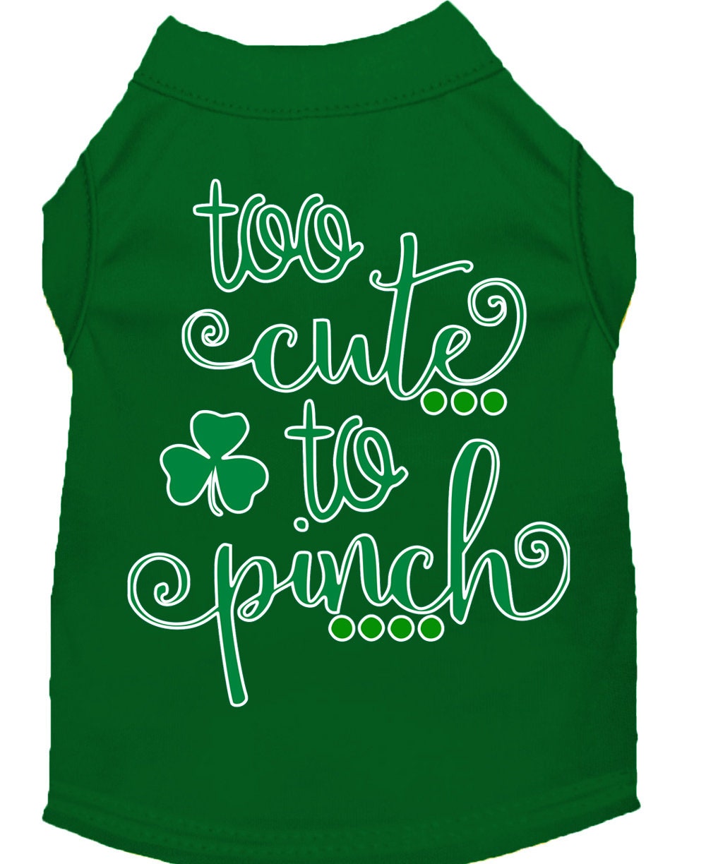 Green pet shirt with white text and a shamrock on a white background