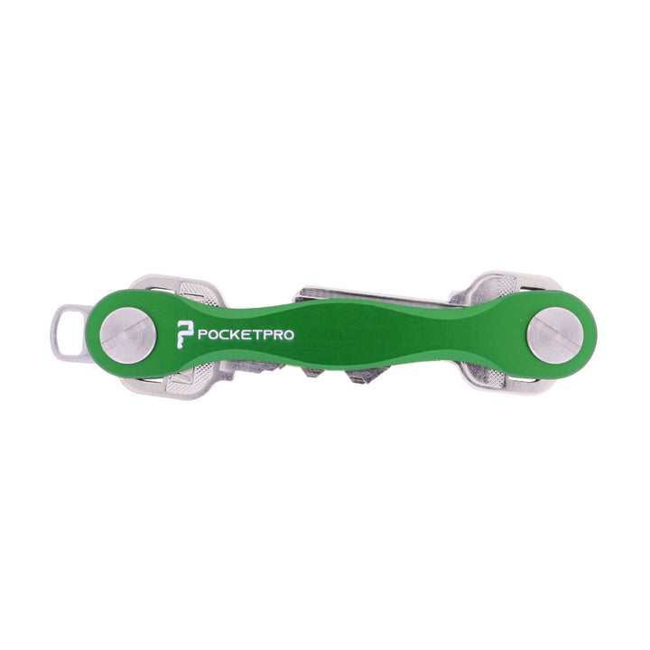 Green PocketPro Edge slim aluminum key organizer holding multiple keys in compact quiet pocket-friendly design