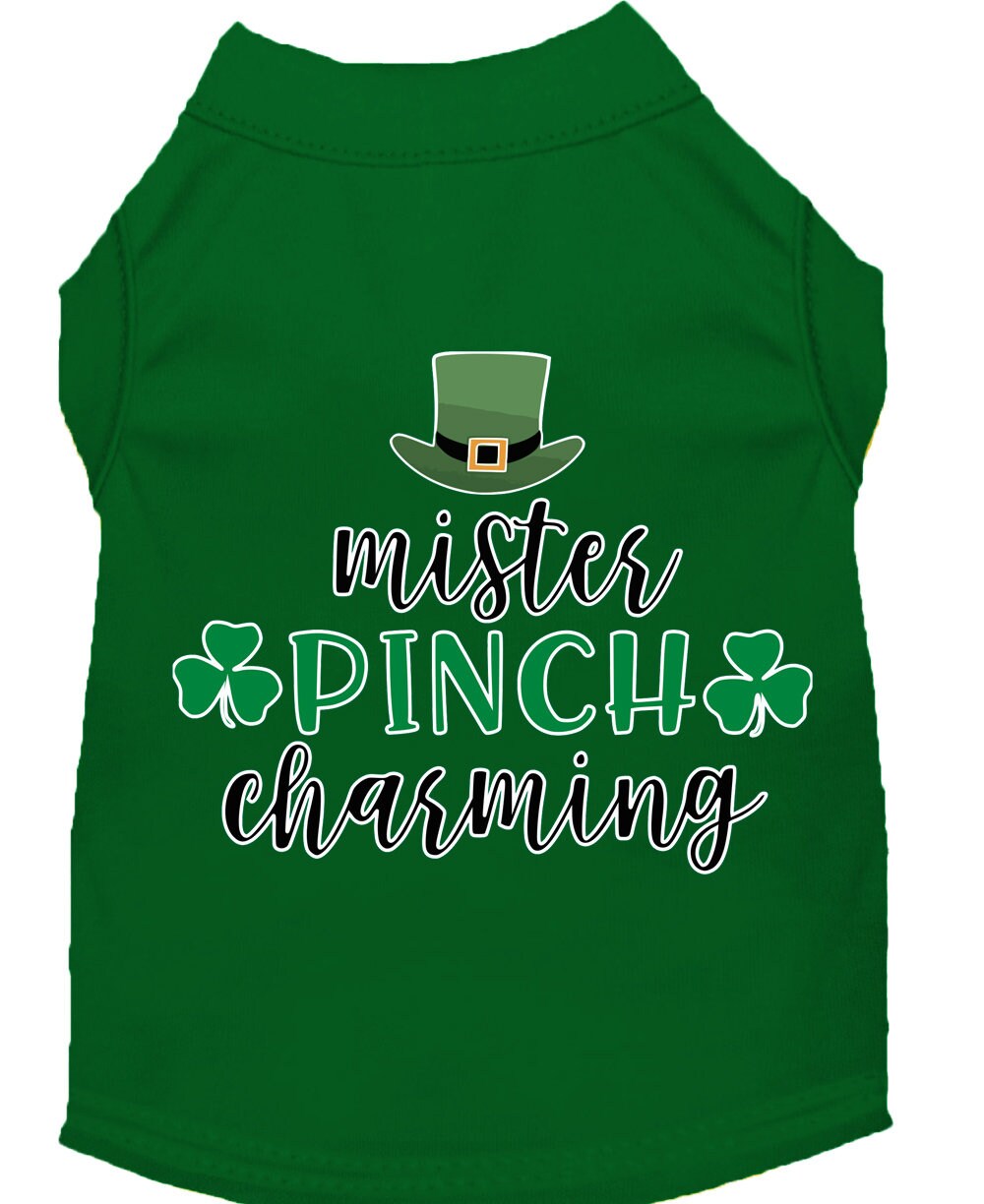 Green pet shirt with 'mister pinch charming' text and leprechaun hat design on a white background